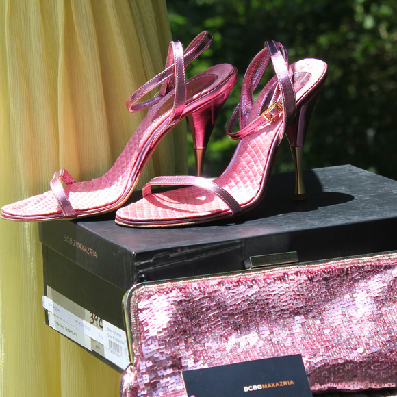 BCBG Ankle Strap Metallic Pink Stiletto Sandals - Picture 5 of 8